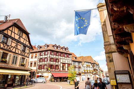 OBERNAI, FRANCE - July 26, 2017: Cityscape view on the old village with beautiful buildings in Obernai town in Alsace region, Franceのeditorial素材
