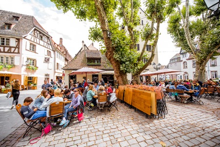 STRASBOURG, FRANCE - July 26, 2017: View on the crowded with people square with beautiful buildings in Strasbourg old town in Alsace region, Franceのeditorial素材