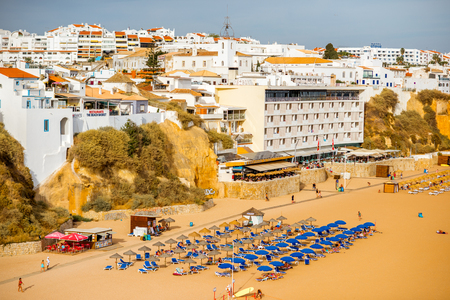 ALBUFEIRA, PORTUGAL - October 01, 2017: View on the beach with people in Albufeira resort on the south of Portugalのeditorial素材