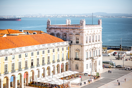 Top view on the Commerce square with Administration building tower in the centre of Lisbon city during the sunny day in Portugalの写真素材
