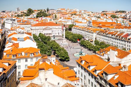 Cityscape view on the old town with Rossio square during the sunny day in Lisbon city, Portugalの写真素材
