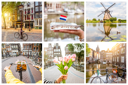 Collage with different symbols of Netherlands, tulips, herring, windmill, bicycles and water channelsの写真素材