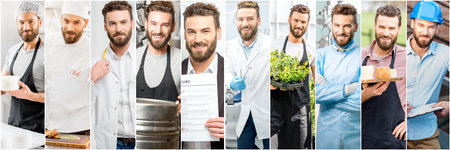 Collage of portraits of a handsome man with different professions