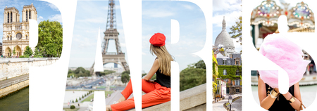 Paris letters filled with pictures of famous places in Paris city, Franceの写真素材