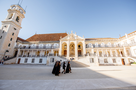 COIMBRA, PORTUGAL - September 26, 2017: View on the courtyard of the oldest university with students in black uniform in Coimbra city in the central Portugalのeditorial素材