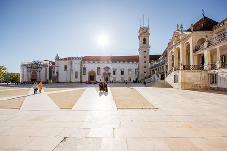 COIMBRA, PORTUGAL - September 26, 2017: View on the courtyard of the oldest university with students in black uniform in Coimbra city in the central Portugalのeditorial素材