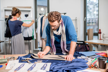 Couple of fashion designers working with fabric and clothing sketches at the studio full of...