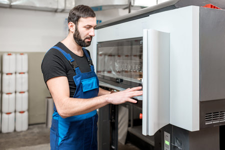 Printing operator working with offset machine at the printing manufacturingの写真素材