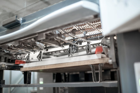 Fragment of the offset printing machine during the printing at the manufacturing