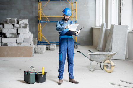 Builder or foreman in working uniform expertising the structure standing with folder at the construction site indoorsの写真素材