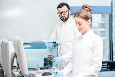 Couple of medics configuring analyzer machine in the modern laboratory