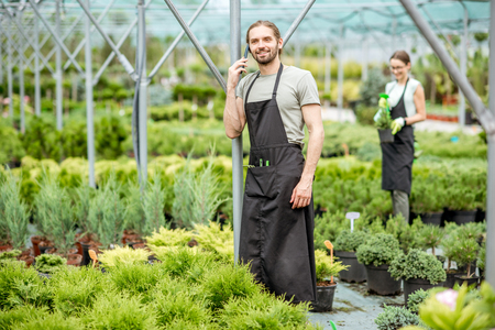 Handsome gardener talking with phone with woman on the background working in the greenhouse of the plant shopの写真素材