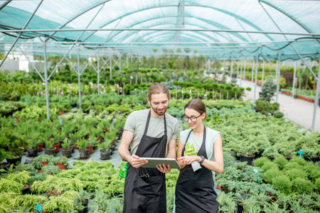 Couple of workers in uniform using digital tablet working with plants in the greenhouse of the plant...