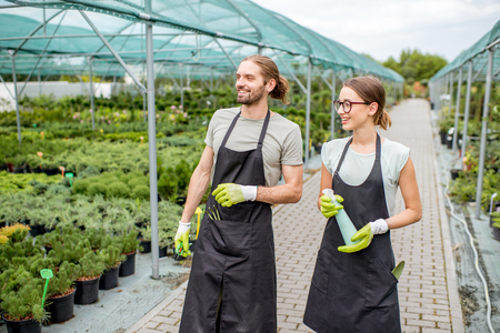 Young couple of workers in uniform supervising plants in the greenhouseの写真素材
