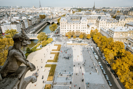 Aerial panoramic view of Paris from the Notre-Dame cathedral during the morning light in Franceの写真素材