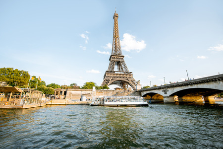 View from the boat on the Eiffel tower on Seine river during the sunset in Parisの写真素材