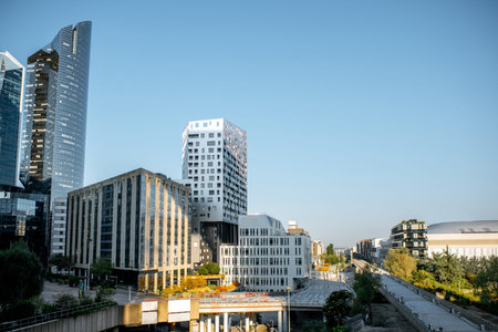 Morning view of La Defense financial district with beautiful skyscrapers in Paris