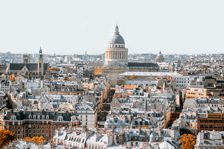 Aerial panoramic view of Paris from the Notre-Dame cathedral with Pantheon building during the morning light in Franceの写真素材