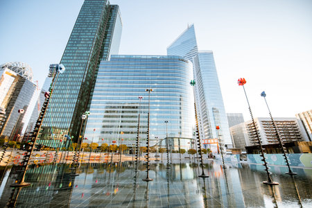 PARIS, FRANCE - September 02, 2018: Morning view on the basin by Takis in La Defense financial...