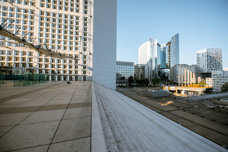 PARIS, FRANCE - September 02, 2018: View on the skyscrapers and Grand Arch, the monument and...