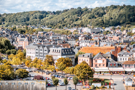 Aerial view on the port and old town of Honfleur, famous french city in Normandy