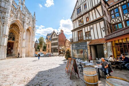 ROUEN, FRANCE - September 07, 2017: Street view with saint Maclou gothic cathedral during the sunny day in Rouenのeditorial素材