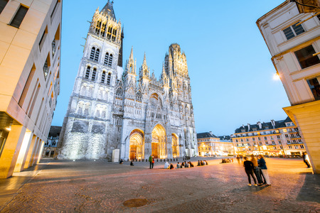 Night view on the famous illuminated cathedral in Rouen city, the capital of Normandy region in Franceの写真素材