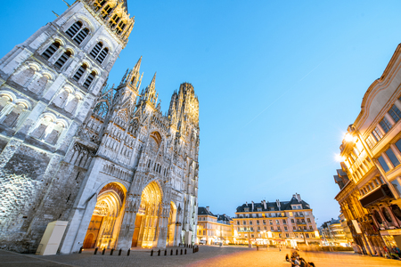 Night view on the famous illuminated cathedral in Rouen city, the capital of Normandy region in Franceの写真素材