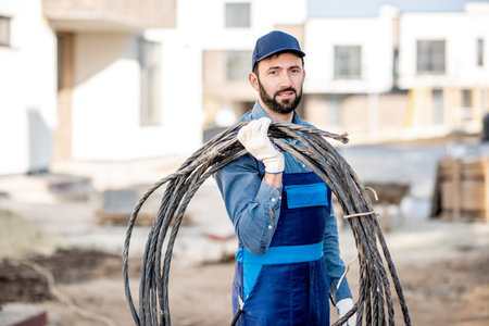 Portrait of a handsome electrician in uniform with power cable for the network on the construction...