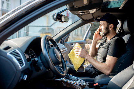 Professional washer talking with phone sitting in the car during the work