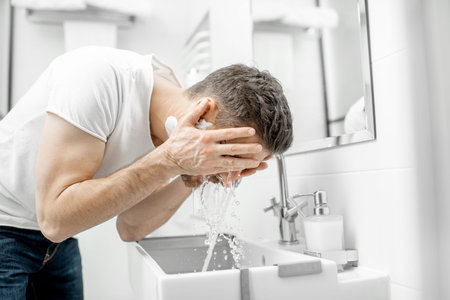 Man washing his face with fresh water and foam in the sink at the white bathroom
