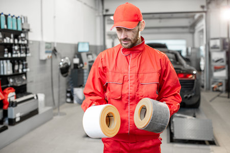 Auto mechanic in red uniform holding new and used air filter standing at the car service