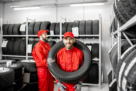 Funny portrait of a smiling worker in red uniform wearing car tire on his head in the warehouse