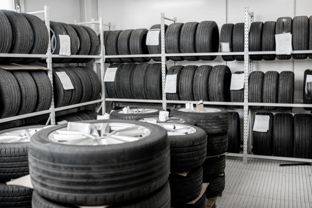 Inerior view of the warehouse wiith new car tiresの写真素材