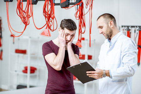 Man with sad emotions during the medical consultation with senior physiotherapist at the...