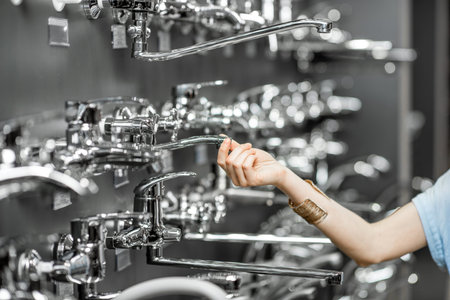 Woman choosing sanitary taps, close-up view on the hand touching tap on the showcase of plumbing...