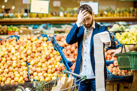 Portrait of an elegant man with shocked emotions holding very long shopping list while buying food...