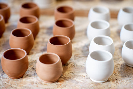Close-up of clay pitchers before baking on the shelves at the pottery