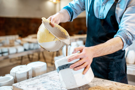 Worker pouring special liquid into the gypsum form making ceramic products at the pottery...