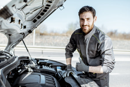Portrait of a handsome auto mechanic or road assistance worker in uniform repairing engine of the...