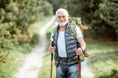 Portrait of a senior man with backpack and trekking sticks on the way in the woods