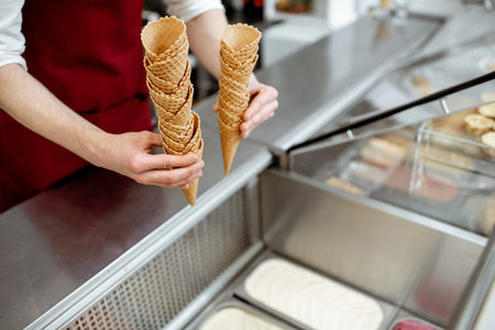 Man in red apron holding waffle cones selling ice cream in the shop, close-up view with no face