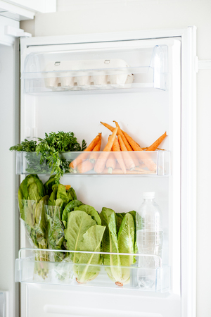 Refrigerators door full of fresh vegetables, carrot, cabbage, lettuce and eggsの写真素材