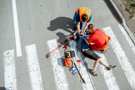 Ambulance worker with man in road vest applying emergency medical care to the injured bleeding...
