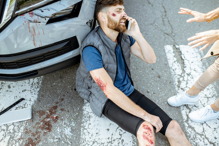 Woman driver with injured man talking phone, while suffering near the broken car on the pedestrian...