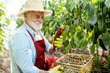 Senior agronomist collecting capi peppers in the hothouse of a small agricultural farm, enjoying a...