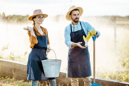 Two well-dressed farmers with working tools standing on a farmland with automatic watering on a farm during the sunsetの写真素材