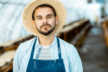 Portrait of a well-dressed farmer standing in the hothouse on a farm for growing snails. Concept of...
