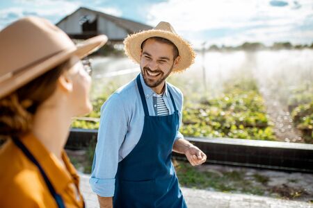 Two young and cheerful farmers walking on the farmland for snails growing with automatic watering during the sunsetの写真素材