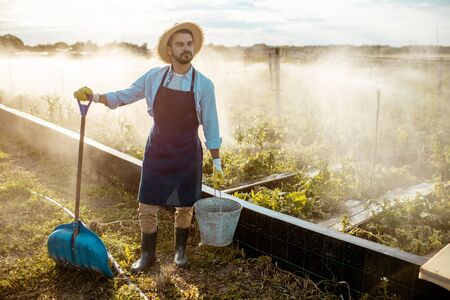 Well-dressed farmer with working tools standing on a farmland with automatic watering on a farm during the sunsetの写真素材
